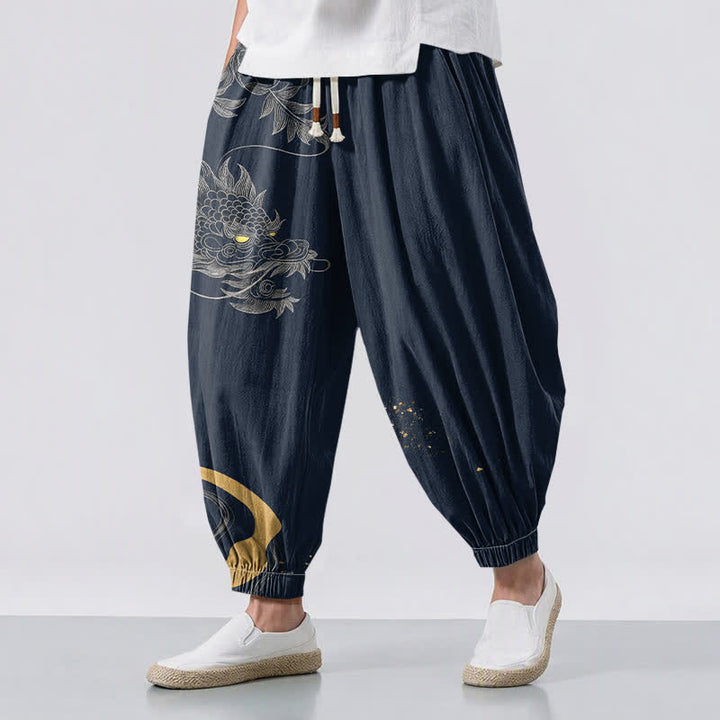 Buddha Stones Pantalones harem para hombre de algodón puro con estampado de dragón oriental, cordón ajustable y bolsillos. - Marina de guerra - US/UK/AU50, EU60 (5XL) - image 6