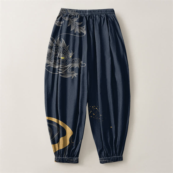 Buddha Stones Pantalones harem para hombre de algodón puro con estampado de dragón oriental, cordón ajustable y bolsillos. - image 8