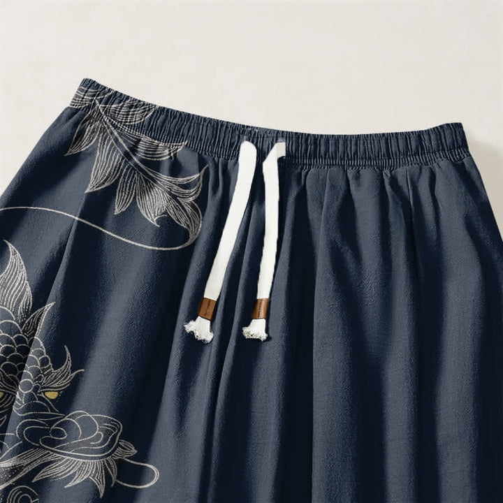 Buddha Stones Pantalones harem para hombre de algodón puro con estampado de dragón oriental, cordón ajustable y bolsillos. - image 9