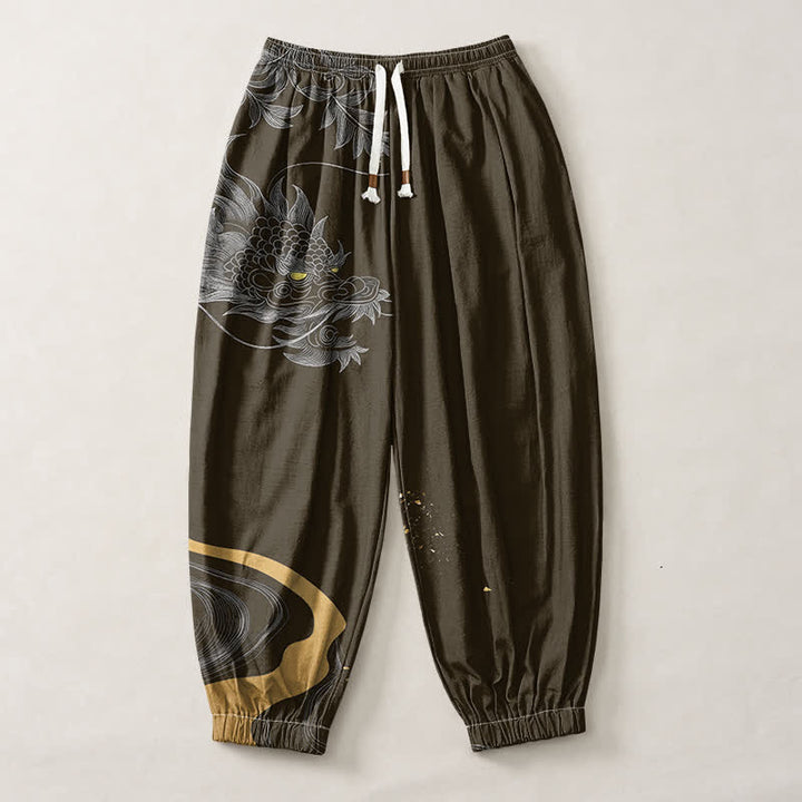 Buddha Stones Pantalones harem para hombre de algodón puro con estampado de dragón oriental, cordón ajustable y bolsillos. - image 13