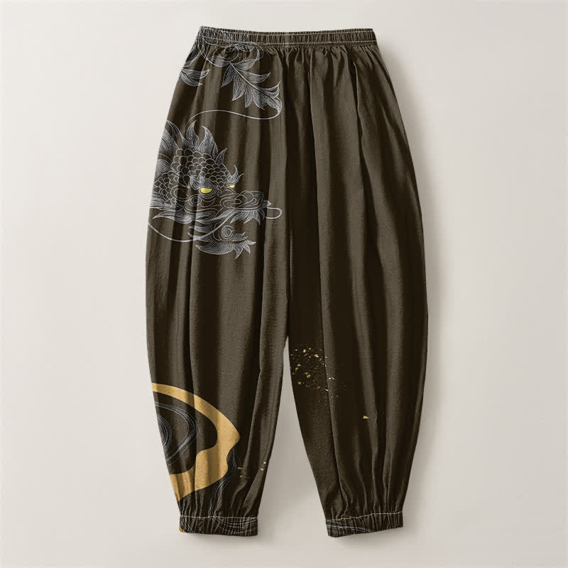 Buddha Stones Pantalones harem para hombre de algodón puro con estampado de dragón oriental, cordón ajustable y bolsillos. - image 14
