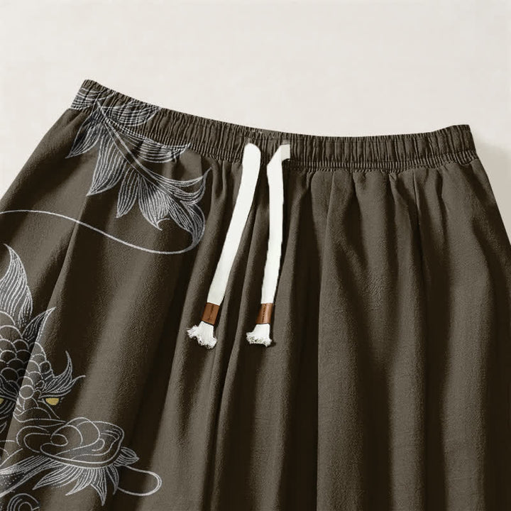 Buddha Stones Pantalones harem para hombre de algodón puro con estampado de dragón oriental, cordón ajustable y bolsillos. - image 15