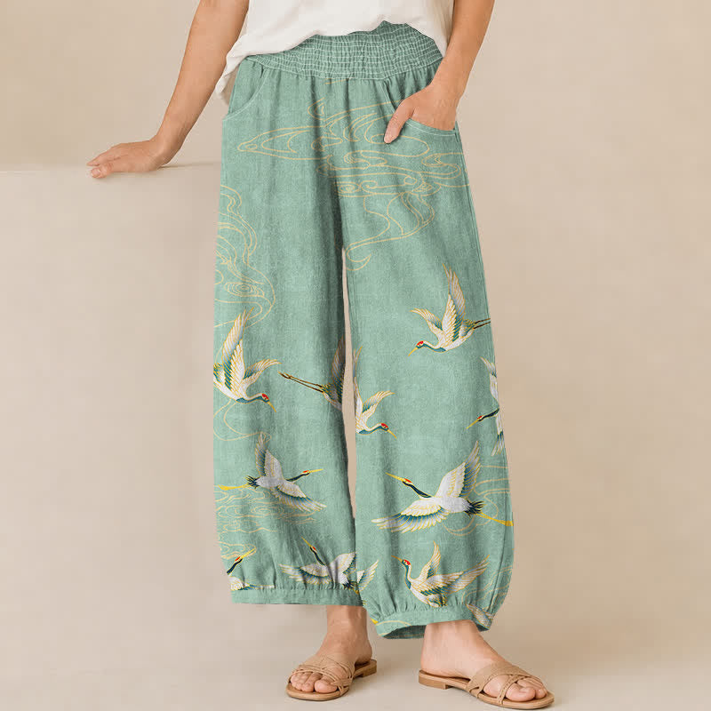 Buddha Stones Pantalones harem de algodón con estampado de grullas orientales y nubes, cintura elástica plisada para mujer y bolsillos. - Aguamarina medio - US16，UK/AU20，EU48 (3XL) - image 0