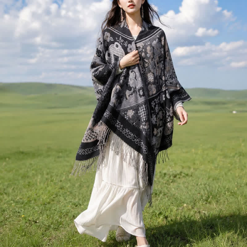 Buddha Stones Chal de mujer estilo boho con estampado floral y borlas, ideal para otoño e invierno. - Negro - 140x160cm - image 8
