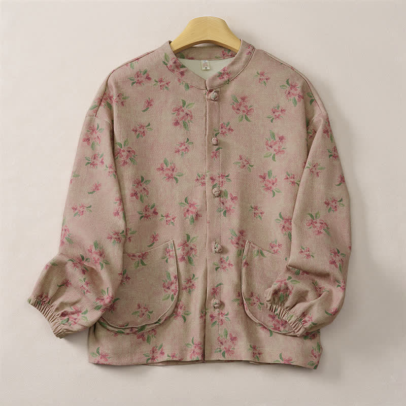 Buddha Stones Chaqueta de mujer de estilo vintage Tang con cuello mandarín y estampado floral, ideal para otoño/invierno. - Rojo violeta pálido - US8-10, UK/AU12-14, EU40-42 (2XL) - image 0