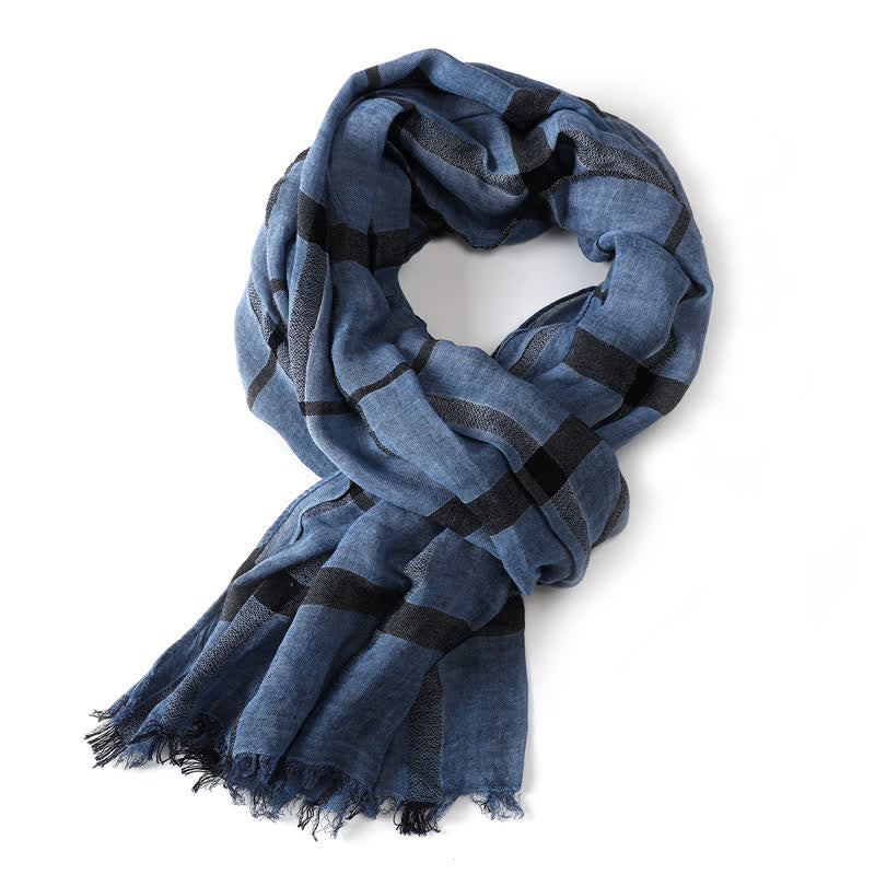 Buddha Stones Bufanda ligera para hombre con flecos, estilo urbano a cuadros, para primavera y otoño. - Azul acero - image 9