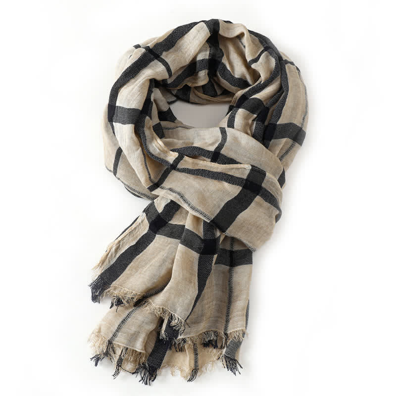Buddha Stones Bufanda ligera para hombre con flecos, estilo urbano a cuadros, para primavera y otoño. - Beige - image 7