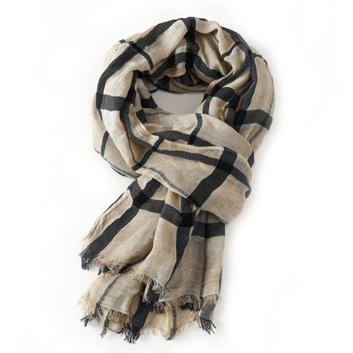 Buddha Stones Bufanda ligera para hombre con flecos, estilo urbano a cuadros, para primavera y otoño. - Beige - image 7