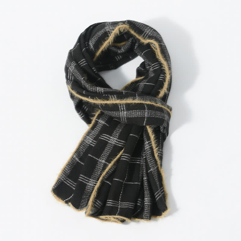Buddha Stones Bufanda de punto acogedora para hombre con flecos y estampado a cuadros para otoño/invierno. - Negro - image 1