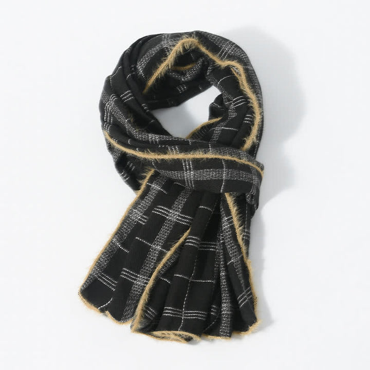 Buddha Stones Bufanda de punto acogedora para hombre con flecos y estampado a cuadros para otoño/invierno. - Negro - image 1