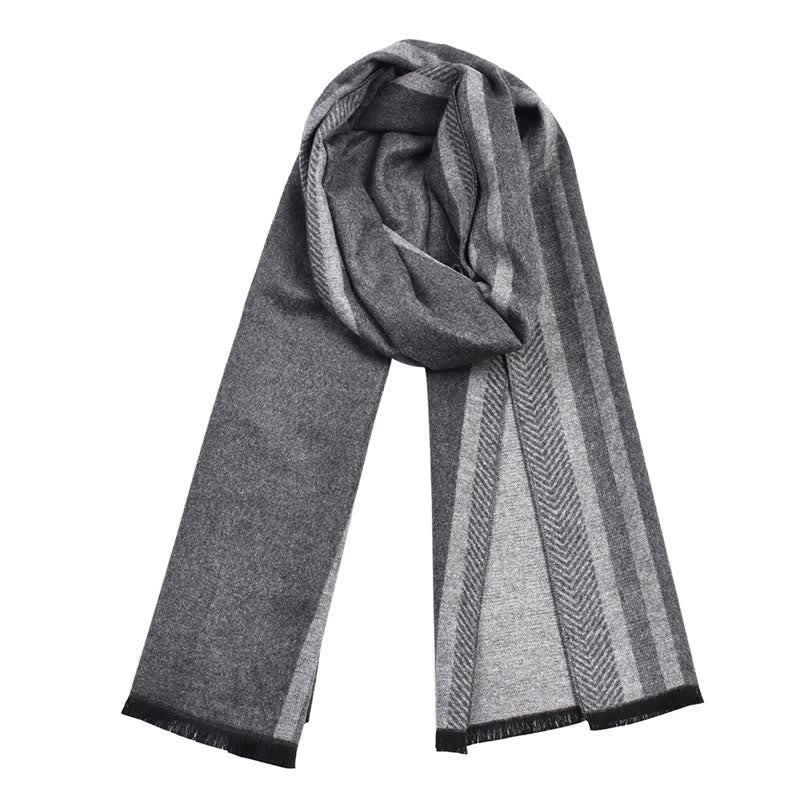 Buddha Stones Bufanda de hombre minimalista con borde a rayas y borla, estilo otoño-invierno. - image 1
