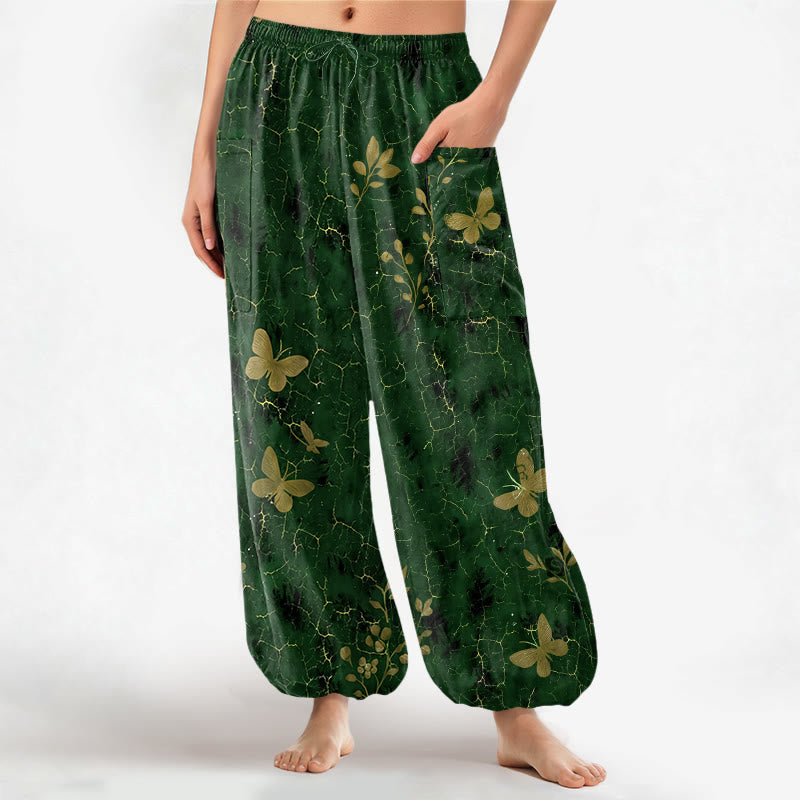 Buddha Stones Pantalones harem de algodón con estampado botánico de mariposas y efecto craquelado, cintura elástica y bolsillos laterales para mujer. - Verde bosque - US16，UK/AU20，EU48 (3XL) - image 0