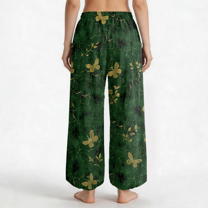 Buddha Stones Pantalones harem de algodón con estampado botánico de mariposas y efecto craquelado, cintura elástica y bolsillos laterales para mujer. - image 2