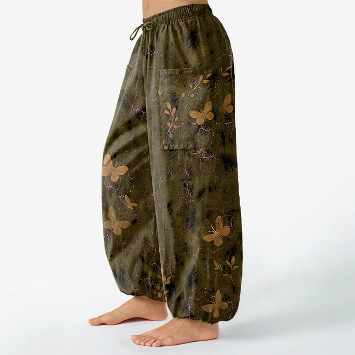 Buddha Stones Pantalones harem de algodón con estampado botánico de mariposas y efecto craquelado, cintura elástica y bolsillos laterales para mujer. - image 8