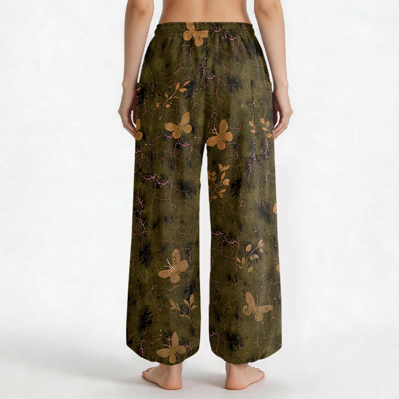 Buddha Stones Pantalones harem de algodón con estampado botánico de mariposas y efecto craquelado, cintura elástica y bolsillos laterales para mujer. - image 9