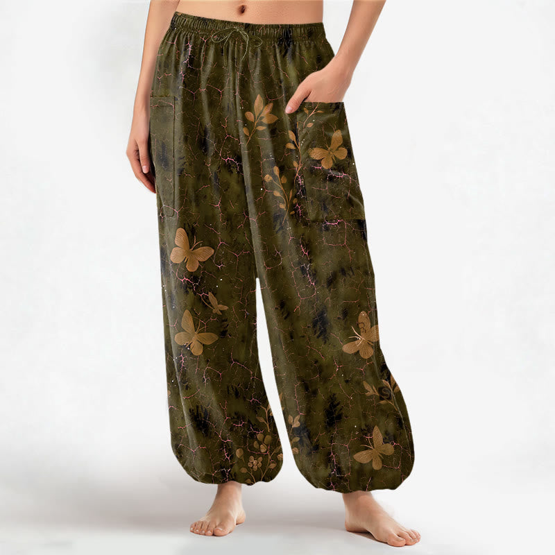 Buddha Stones Pantalones harem de algodón con estampado botánico de mariposas y efecto craquelado, cintura elástica y bolsillos laterales para mujer. - Aceituna - US16，UK/AU20，EU48 (3XL) - image 7