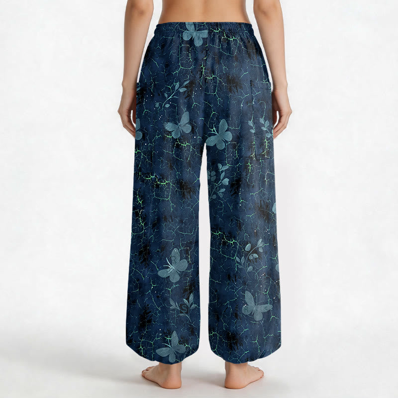 Buddha Stones Pantalones harem de algodón con estampado botánico de mariposas y efecto craquelado, cintura elástica y bolsillos laterales para mujer. - image 12
