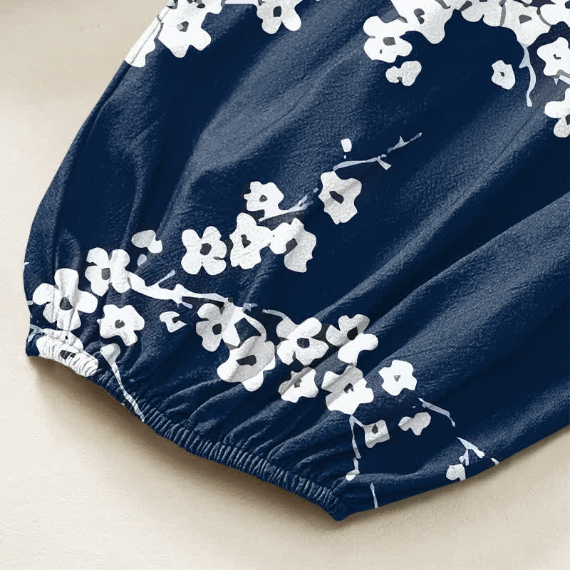 Buddha Stones Pantalones harem de algodón blanco con estampado de flores de ciruelo y cintura elástica para mujer, con bolsillos laterales. - image 6