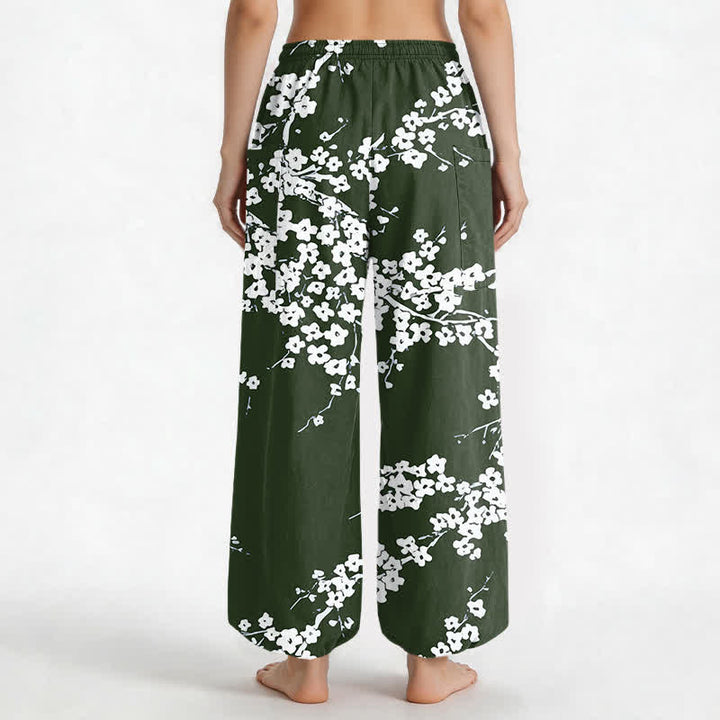 Buddha Stones Pantalones harem de algodón blanco con estampado de flores de ciruelo y cintura elástica para mujer, con bolsillos laterales. - image 9