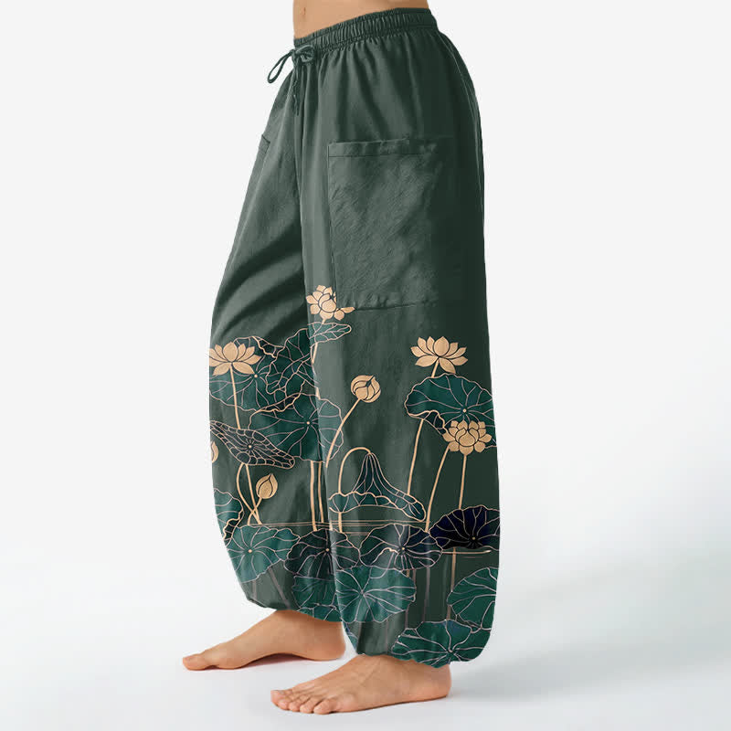 Buddha Stones Pantalones harem de algodón con estampado de jardín de lotos zen y cintura elástica para mujer, con bolsillos laterales. - image 1