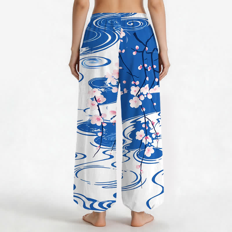 Buddha Stones Pantalones harem de mujer con cintura elástica y bolsillos laterales, estampado de flores de cerezo en algodón con efecto de ondas de agua. - image 2