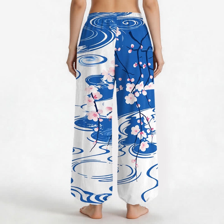 Buddha Stones Pantalones harem de mujer con cintura elástica y bolsillos laterales, estampado de flores de cerezo en algodón con efecto de ondas de agua. - image 2