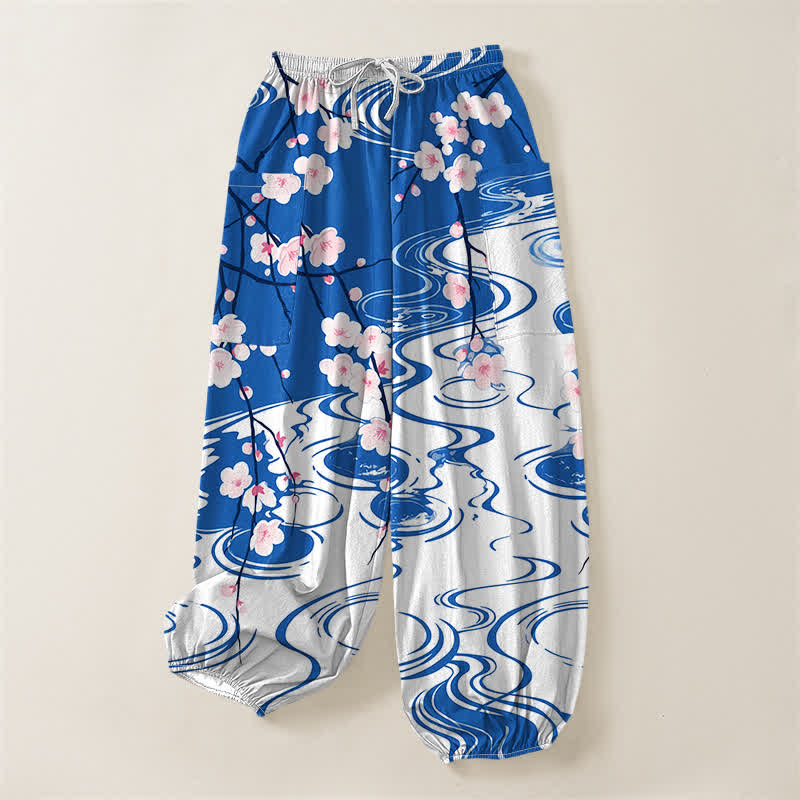 Buddha Stones Pantalones harem de mujer con cintura elástica y bolsillos laterales, estampado de flores de cerezo en algodón con efecto de ondas de agua. - image 3