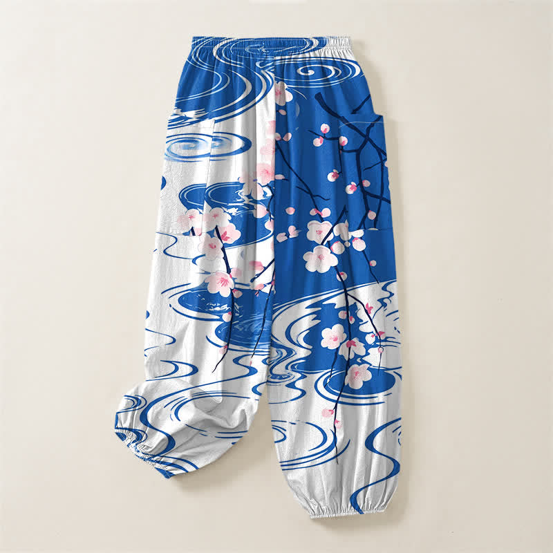 Buddha Stones Pantalones harem de mujer con cintura elástica y bolsillos laterales, estampado de flores de cerezo en algodón con efecto de ondas de agua. - image 4
