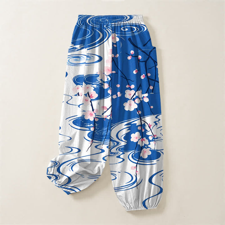 Buddha Stones Pantalones harem de mujer con cintura elástica y bolsillos laterales, estampado de flores de cerezo en algodón con efecto de ondas de agua. - image 4