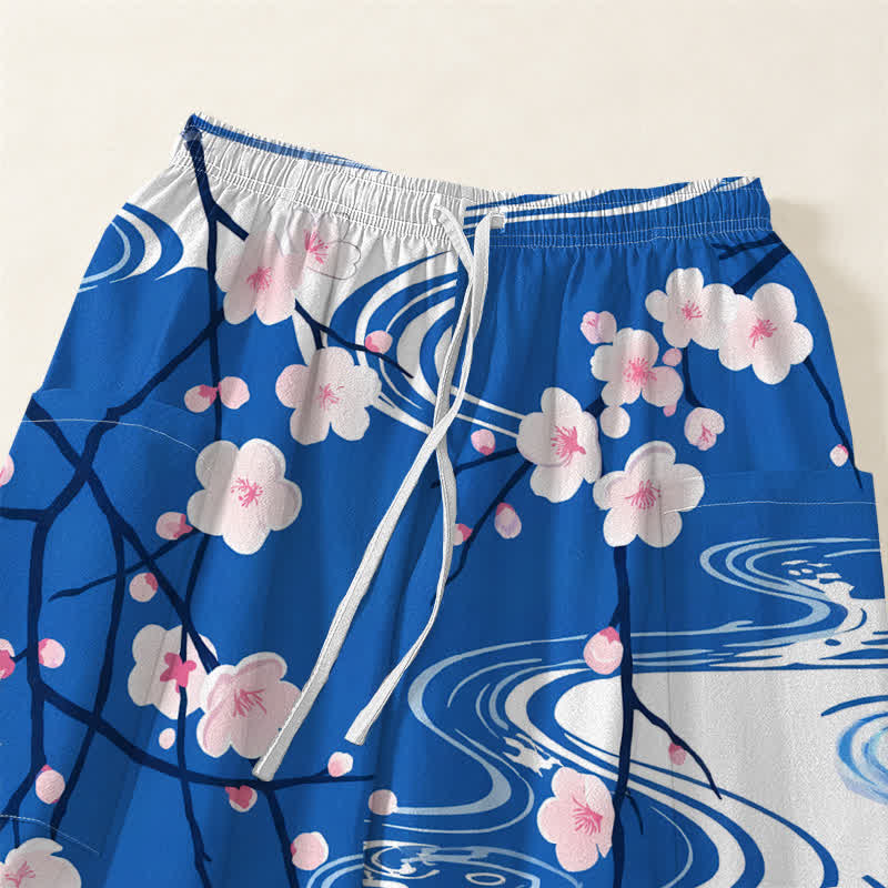 Buddha Stones Pantalones harem de mujer con cintura elástica y bolsillos laterales, estampado de flores de cerezo en algodón con efecto de ondas de agua. - image 5