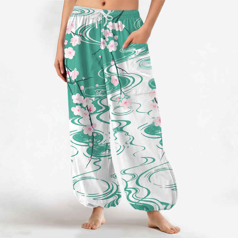 Buddha Stones Pantalones harem de mujer con cintura elástica y bolsillos laterales, estampado de flores de cerezo en algodón con efecto de ondas de agua. - Aguamarina - US16，UK/AU20，EU48 (3XL) - image 7
