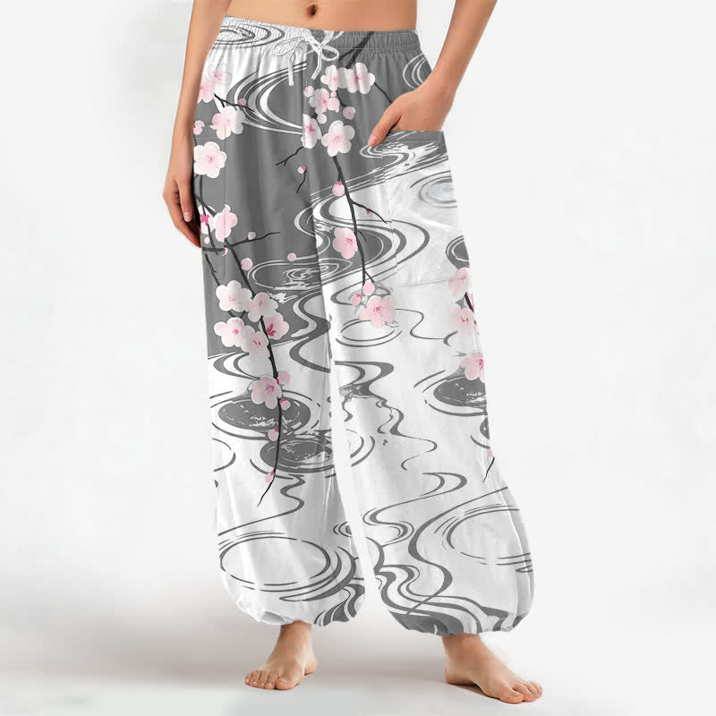 Buddha Stones Pantalones harem de mujer con cintura elástica y bolsillos laterales, estampado de flores de cerezo en algodón con efecto de ondas de agua. - Gris - US16，UK/AU20，EU48 (3XL) - image 10