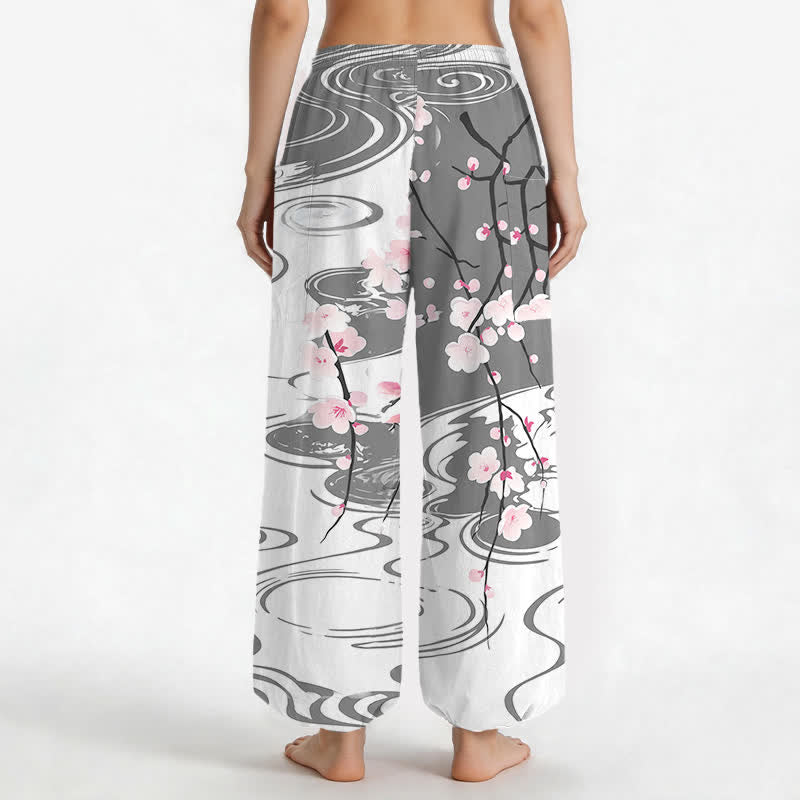 Buddha Stones Pantalones harem de mujer con cintura elástica y bolsillos laterales, estampado de flores de cerezo en algodón con efecto de ondas de agua. - image 12