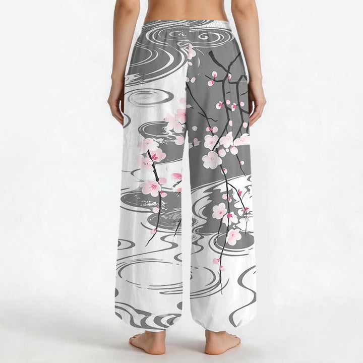 Buddha Stones Pantalones harem de mujer con cintura elástica y bolsillos laterales, estampado de flores de cerezo en algodón con efecto de ondas de agua. - image 12