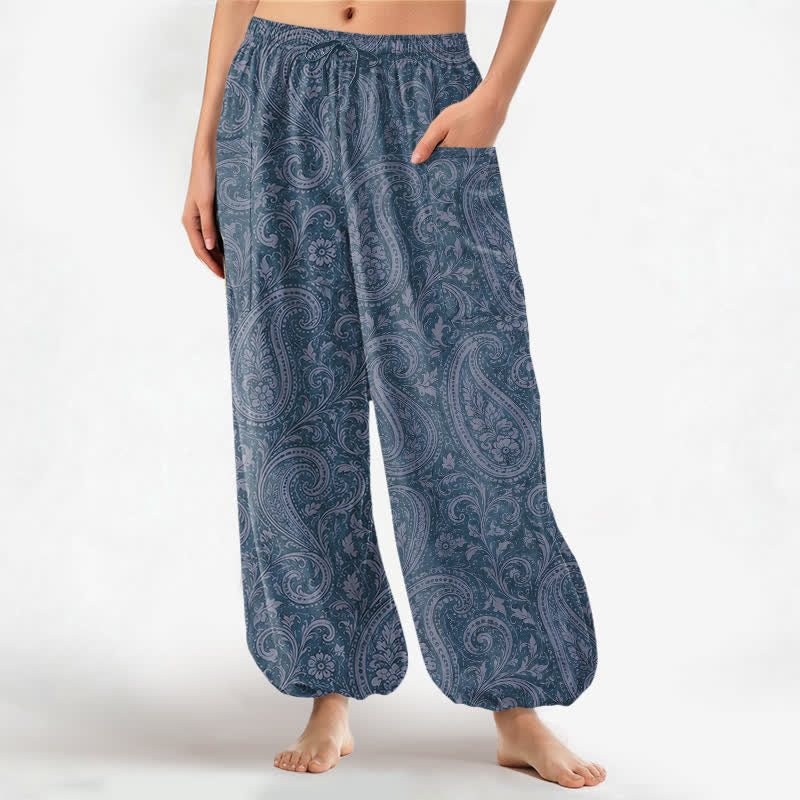 Buddha Stones Pantalones harem de algodón con estampado paisley vintage para mujer, cintura elástica y bolsillos laterales. - Azul acero - US16，UK/AU20，EU48 (3XL) - image 0