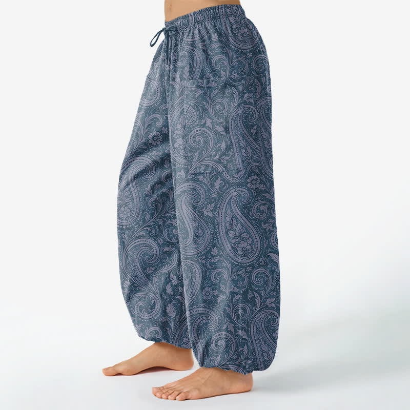 Buddha Stones Pantalones harem de algodón con estampado paisley vintage para mujer, cintura elástica y bolsillos laterales. - image 1