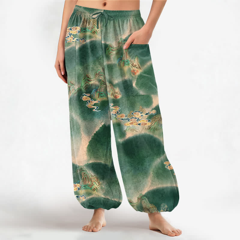 Buddha Stones Pantalones harem de mujer con cintura elástica y bolsillos laterales, estampado de paisaje brumoso de algodón. - Verdemar - US16，UK/AU20，EU48 (3XL) - image 0