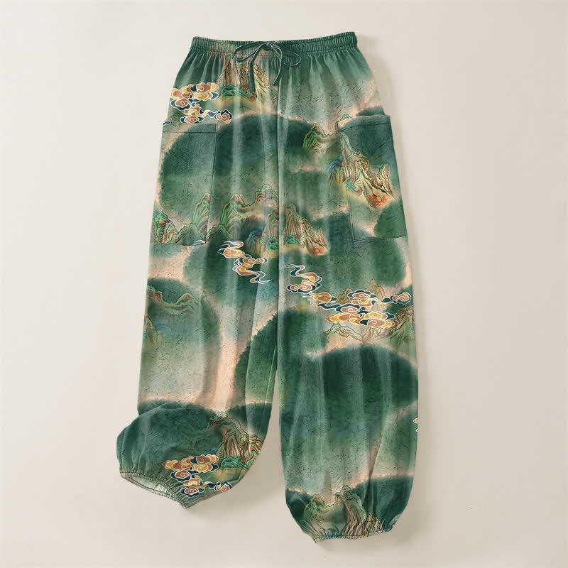 Buddha Stones Pantalones harem de mujer con cintura elástica y bolsillos laterales, estampado de paisaje brumoso de algodón. - image 3