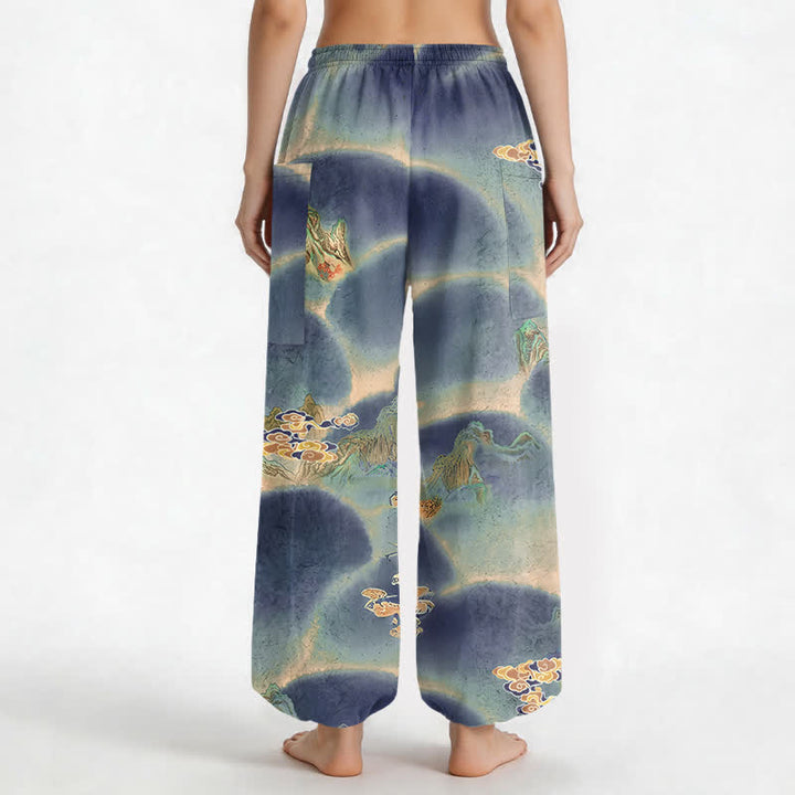 Buddha Stones Pantalones harem de mujer con cintura elástica y bolsillos laterales, estampado de paisaje brumoso de algodón. - image 9