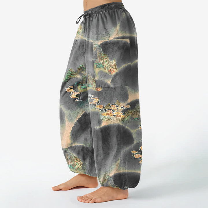 Buddha Stones Pantalones harem de mujer con cintura elástica y bolsillos laterales, estampado de paisaje brumoso de algodón. - image 11