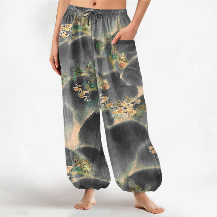 Buddha Stones Pantalones harem de mujer con cintura elástica y bolsillos laterales, estampado de paisaje brumoso de algodón. - Gris oscuro - US16，UK/AU20，EU48 (3XL) - image 10