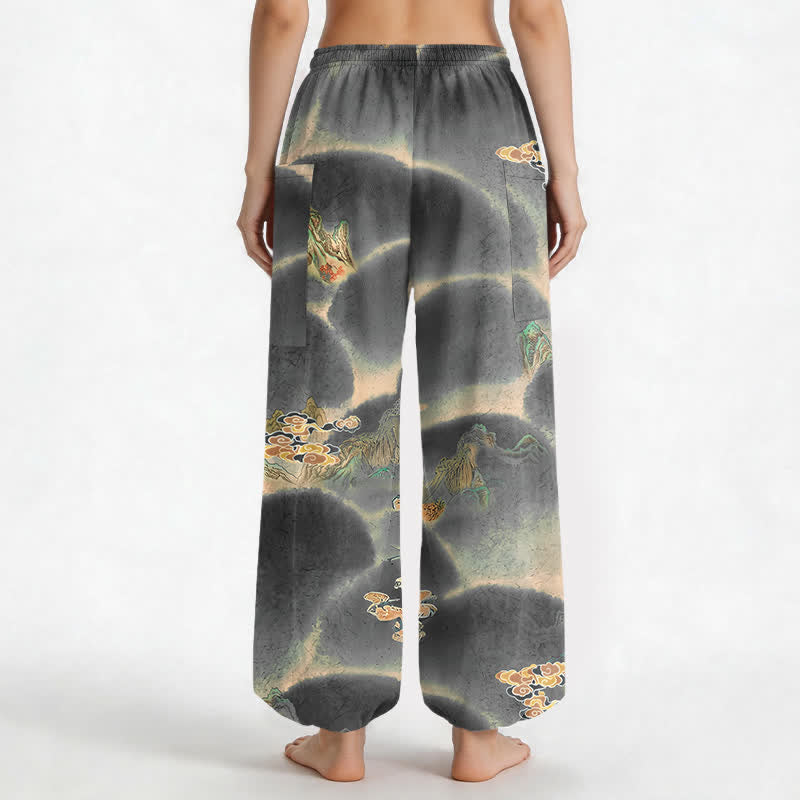 Buddha Stones Pantalones harem de mujer con cintura elástica y bolsillos laterales, estampado de paisaje brumoso de algodón. - image 12