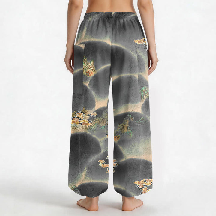 Buddha Stones Pantalones harem de mujer con cintura elástica y bolsillos laterales, estampado de paisaje brumoso de algodón. - image 12