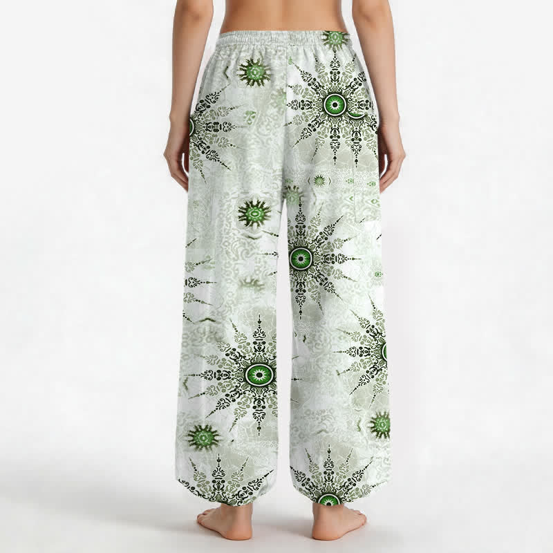 Buddha Stones Pantalones harem de algodón estilo bohemio con estampado geométrico de medallones y cintura elástica para mujer, con bolsillos laterales. - image 2