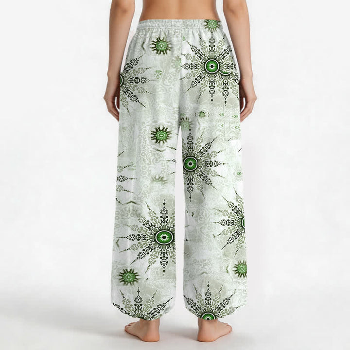 Buddha Stones Pantalones harem de algodón estilo bohemio con estampado geométrico de medallones y cintura elástica para mujer, con bolsillos laterales. - image 2