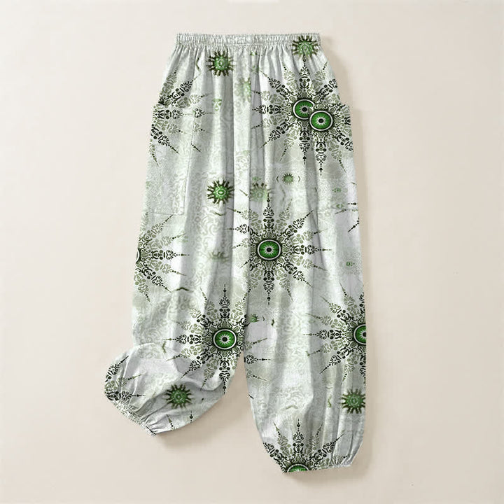 Buddha Stones Pantalones harem de algodón estilo bohemio con estampado geométrico de medallones y cintura elástica para mujer, con bolsillos laterales. - image 4