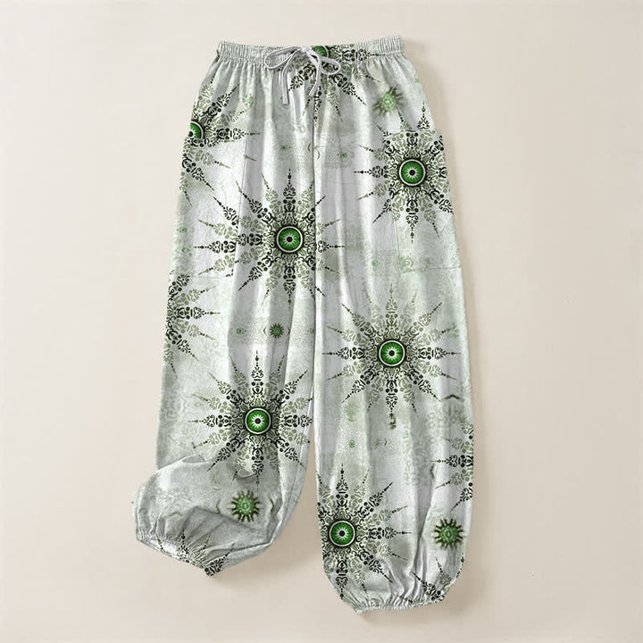 Buddha Stones Pantalones harem de algodón estilo bohemio con estampado geométrico de medallones y cintura elástica para mujer, con bolsillos laterales. - image 3