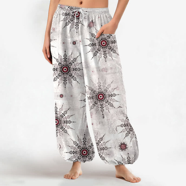 Buddha Stones Pantalones harem de algodón estilo bohemio con estampado geométrico de medallones y cintura elástica para mujer, con bolsillos laterales. - Rubor lavanda - US16，UK/AU20，EU48 (3XL) - image 7