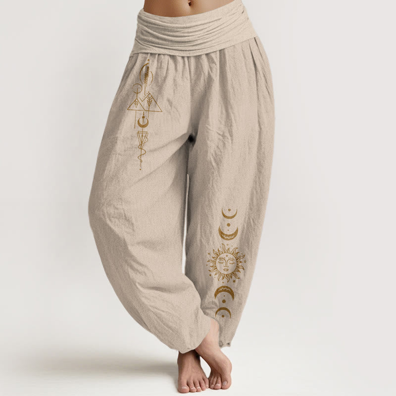 Buddha Stones Pantalones harén de algodón puro con estampado geométrico de sol y luna para mujer, cintura elástica - Broncearse - US16，UK/AU20，EU48 (3XL) - image 11