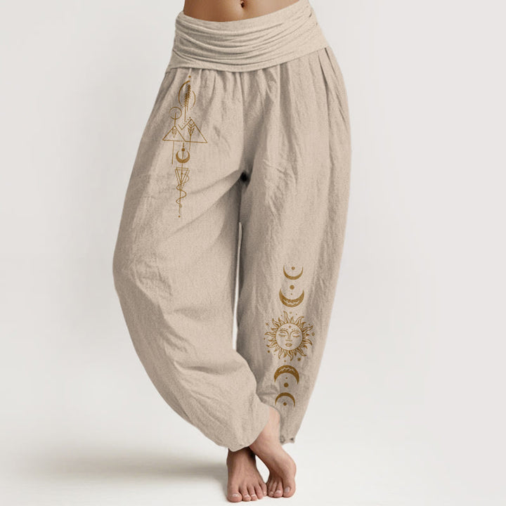 Buddha Stones Pantalones harén de algodón puro con estampado geométrico de sol y luna para mujer, cintura elástica - Broncearse - US16，UK/AU20，EU48 (3XL) - image 11